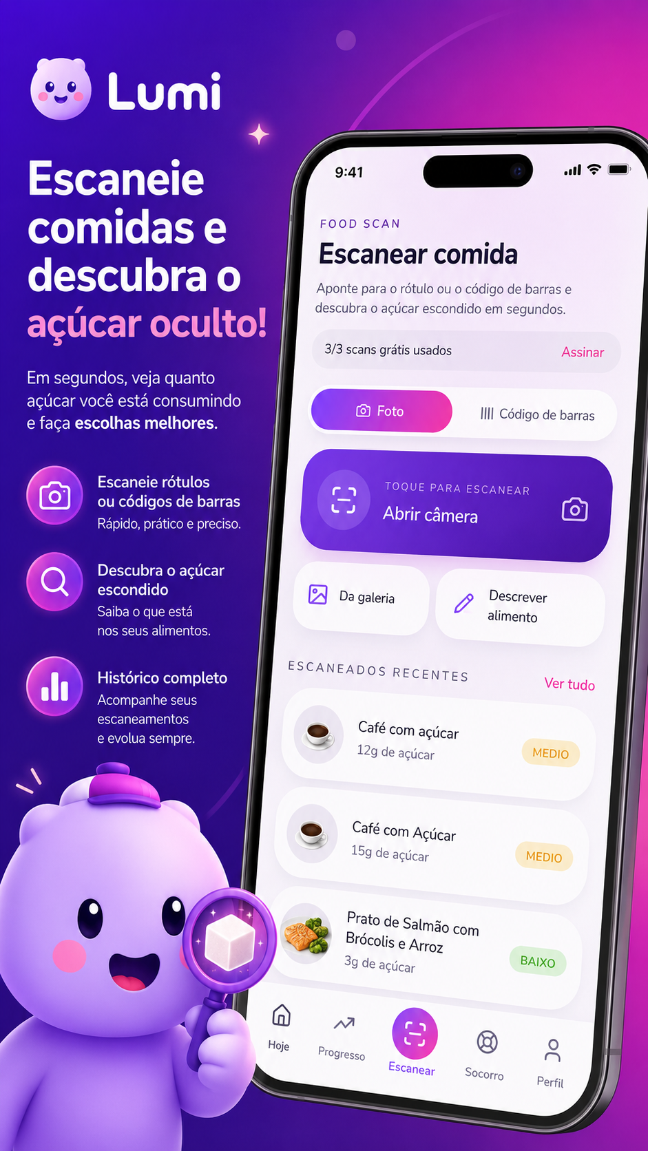 Tela de scanner de alimentos do Lumi descobrindo o açúcar oculto em segundos