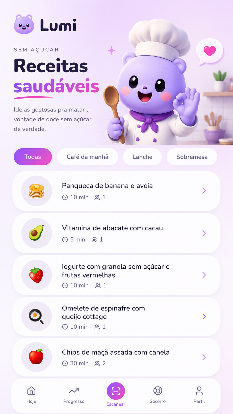Lista de receitas saudáveis sem açúcar dentro do app Lumi